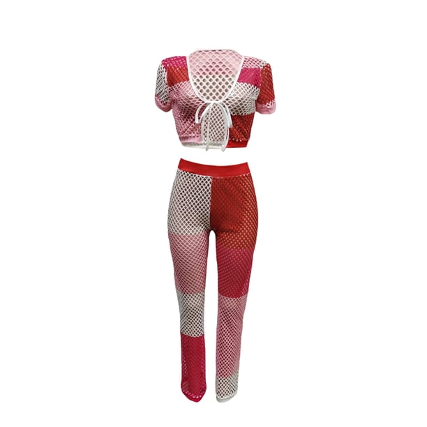 VISgogo, camisetas y pantalones de manga corta tejidos para mujer, ropa de verano con vendaje frontal en la cintura elástica a juego de colores VISgogo moda
