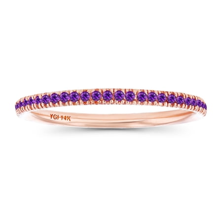Decadence Solid 14K Rose Gold 1mm Round Natural Purple Amethyst February Birthstone Stackable Eternity Band Ring For Women, Size 7
