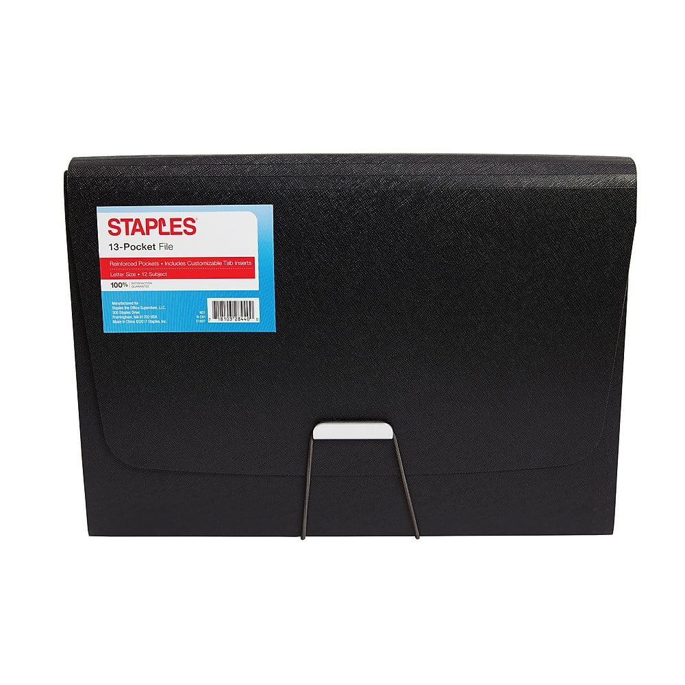 Staples Plastic Expandable Reinforced 13 Pocket File Letter Sized Black
