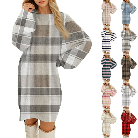 Women's Round Neck Casual Long Sleeve Plush Plaid Print Dress for Winter Lounging and Casual Outfits,Blue,L