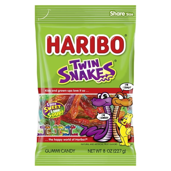 HARIBO Twin Snakes Gummies Original Sweet and Sour Assorted Fruit Flavor Gummy Candy, 8 oz