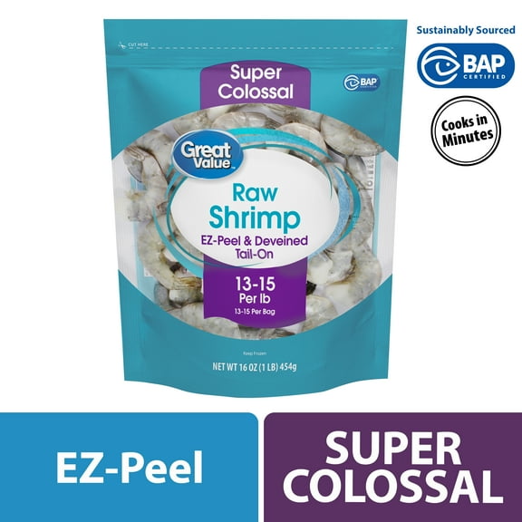 Great Value Frozen Raw Super Colossal Shell-on Tail-on Easy Peel Shrimp, 16 oz Bag (13-15 Count per lb)