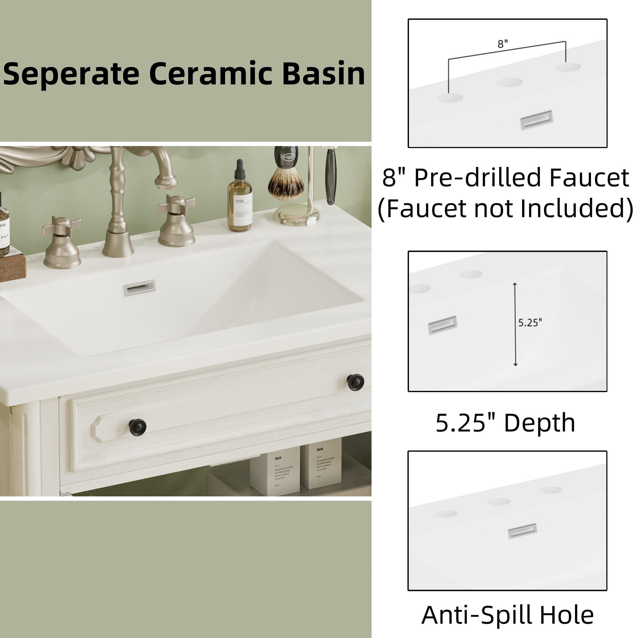 Christopher Knight Home 31" Vintage Bathroom Vanity, Curved Profile MDF Cabinet with Ceramic Sink, White