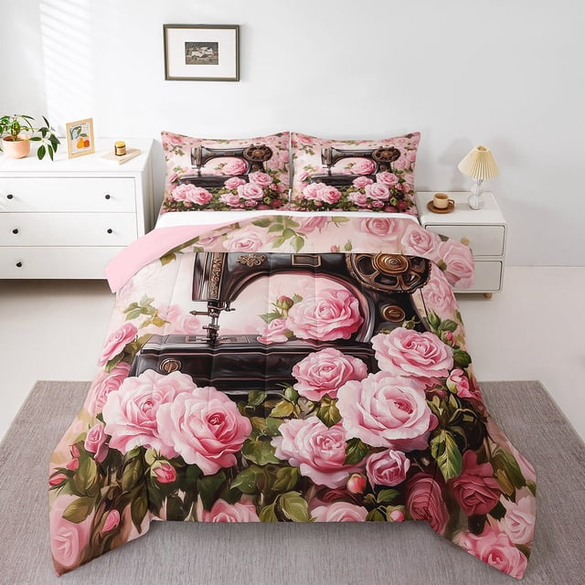 Ensemble de Literie Machine à Coudre 3D, Rose Feuilles Vertes Décor Literie pour Enfants Filles Femmes, Jardin Rêveur Fleurs Romantique Rétro Couette Matelassée avec 1 Taie d'Oreiller Taille Tout-Petit 2 Pcs
