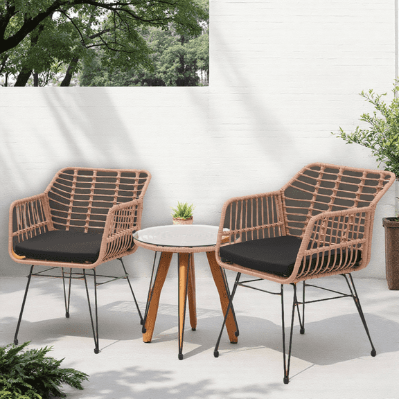 Melocadol 3 Piece Rattan Bistro Set with 2 Chairs & Tempered Glass Table, All-Weather Space-Saving Outdoor Furniture for Small Patios, Balconies, Natural