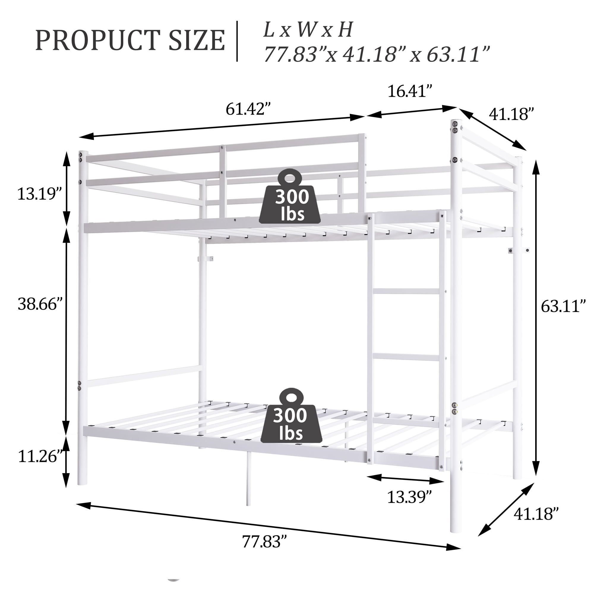 MAYEERTY Twin Over Twin Metal Bunk Bed with Ladder and High Guardrail, Space-Saving for Kids Teens Adults Bedroom Dorm, No Box Spring Needed