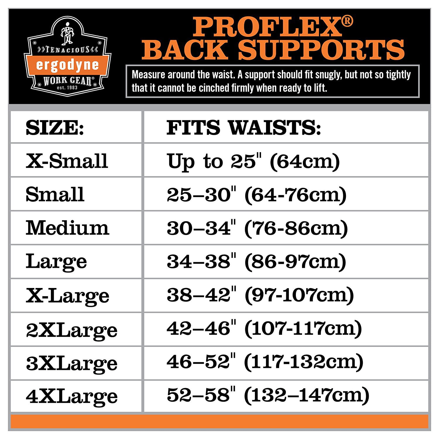 Proflex Back Support Belt Size Chart