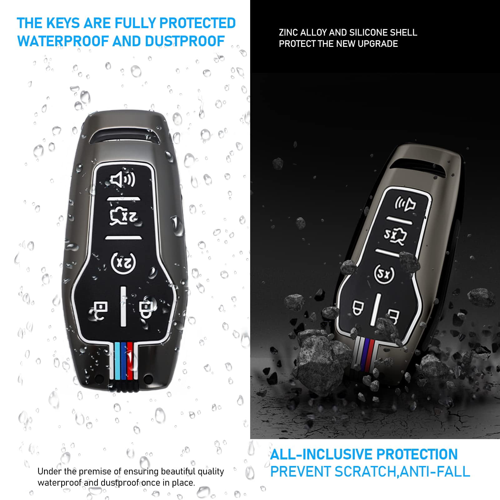 Compatible with Ford Mustang Key Fob Cover,Key Fob Shells Case for F150 Mustang Explorer Edge Fusion Lincoln MKZ MKC MKX,Metal Shell Soft Silicone Full Protection