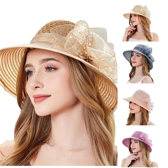 Xijirk Hollow Straw Sun Hat with Flower Bead Wide Curved Brim Elegant Headwear for Wedding Tea Party Beach Summer Outdoor Occasions,Beige,One Size