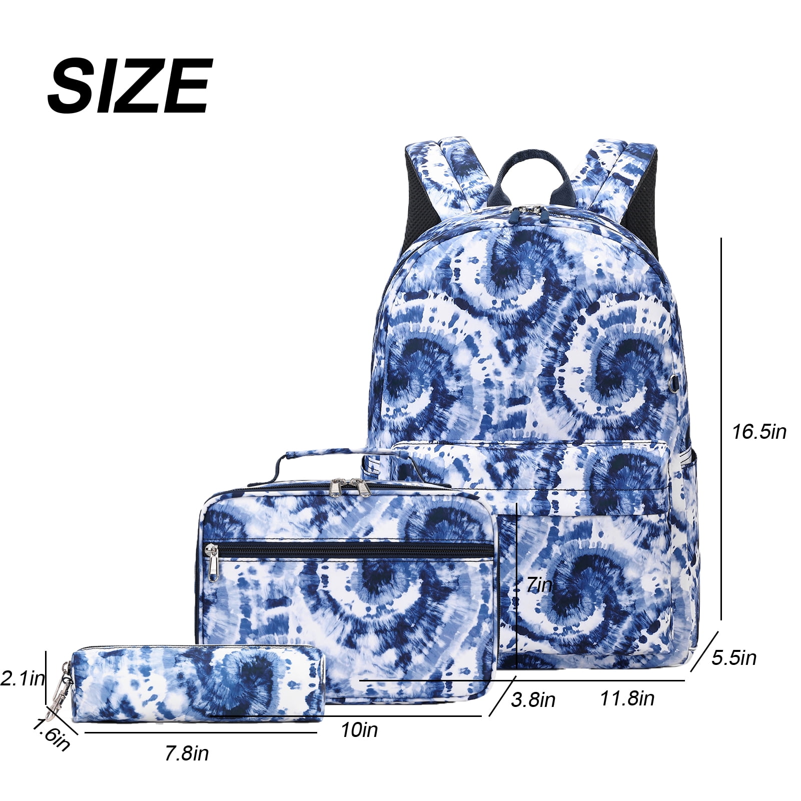 Forestfish Tie Dye Teen Backpacks , 3-Piece Set with Lunch Bag and Pen Bag, Water-Resistant Blue