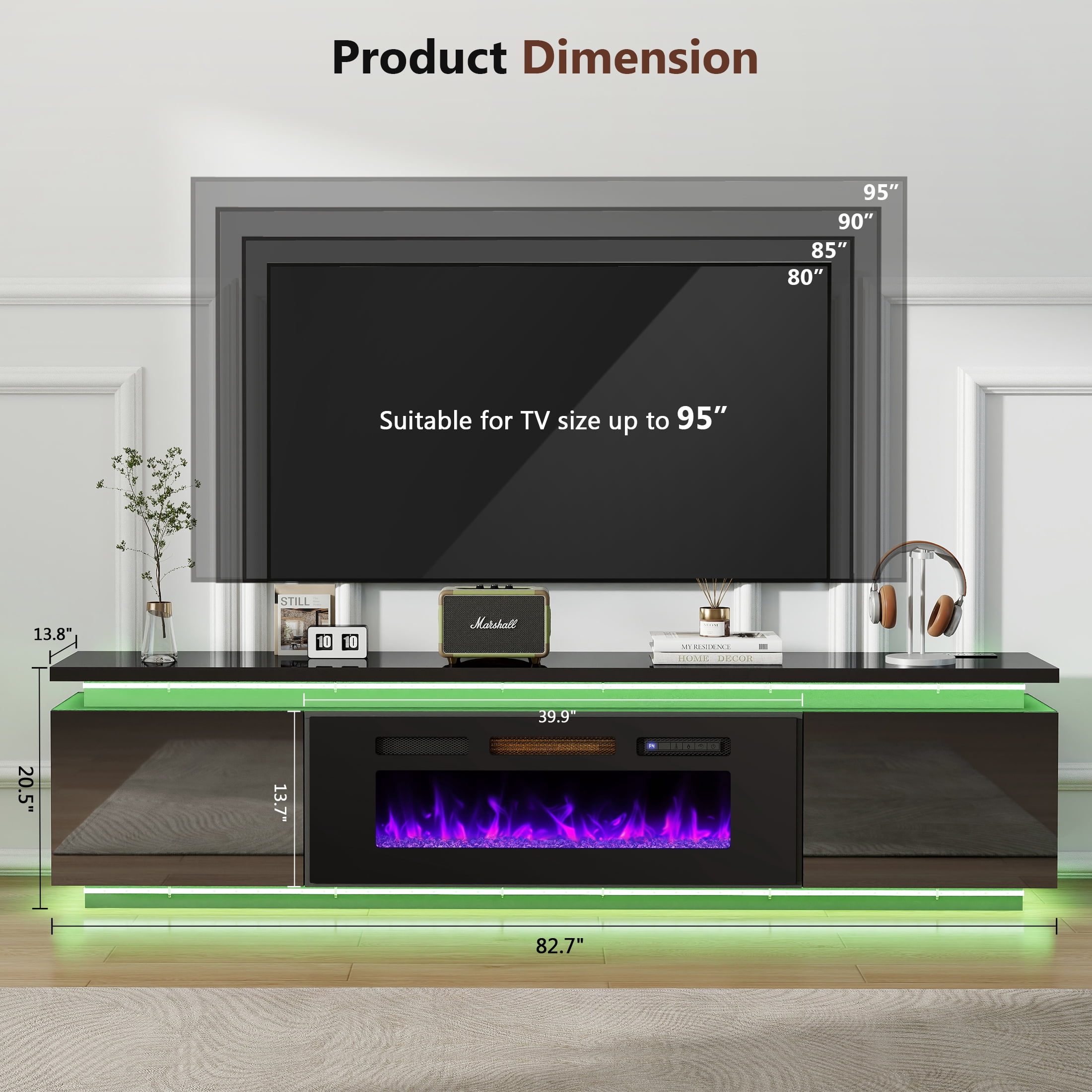 Anrist Electric Fireplace TV Stand for TVs up to 95" with LED Lights & 4 AC Power Outlets, TV console for Living Room, Black, Ship in 2 Boxs