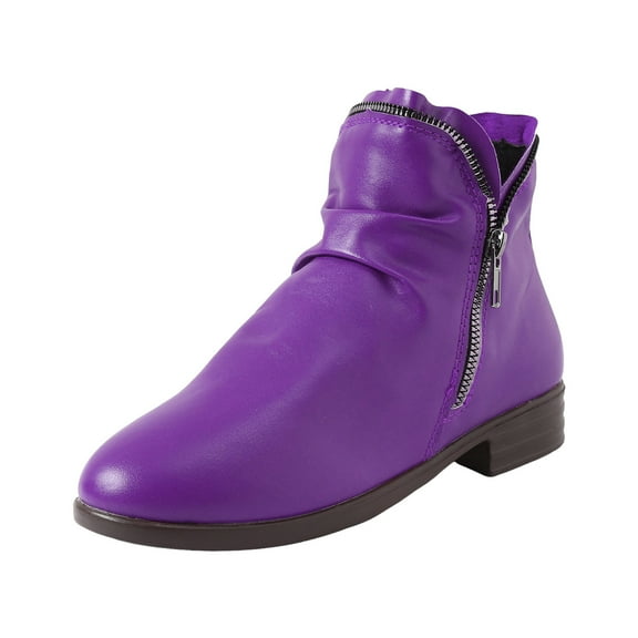 Quealent Women's Ankle Boots Flat Booties Ruched Casual Short Boots Arch Support Comfortable Walking Boots for Women (Purple,7)
