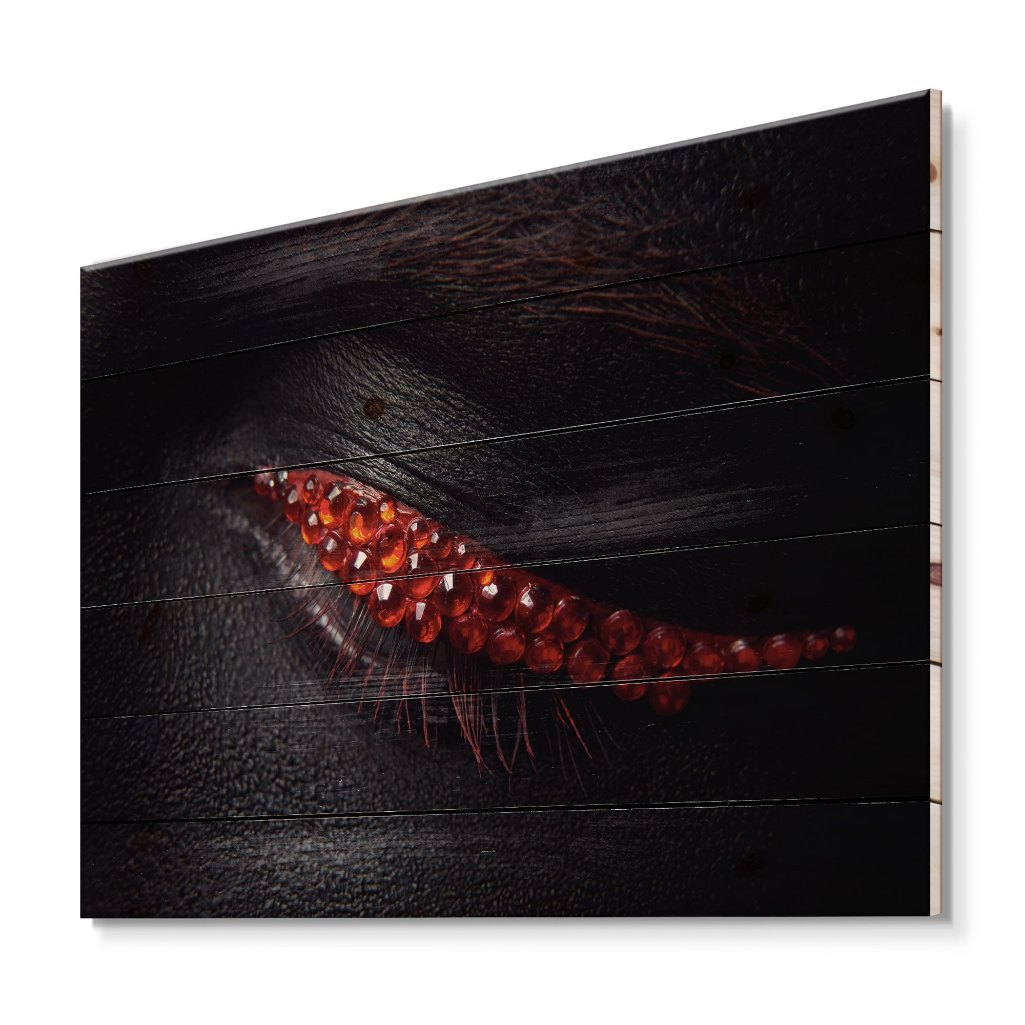 Designart 'Beautiful Black Skin Female Eye With Red Diamonds' Modern Print on Natural Pine Wood