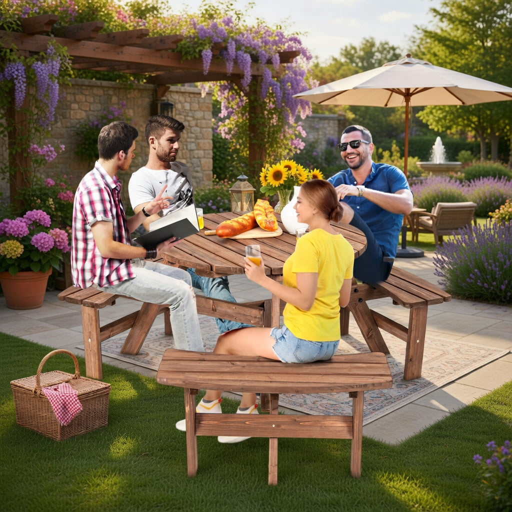 Hommoo 6-Person Wooden Picnic Table Set with Benches & Center Umbrella Hole, Fir Wood Outdoor Dining Set for Patio, Lawn, Deck, Dark Brown