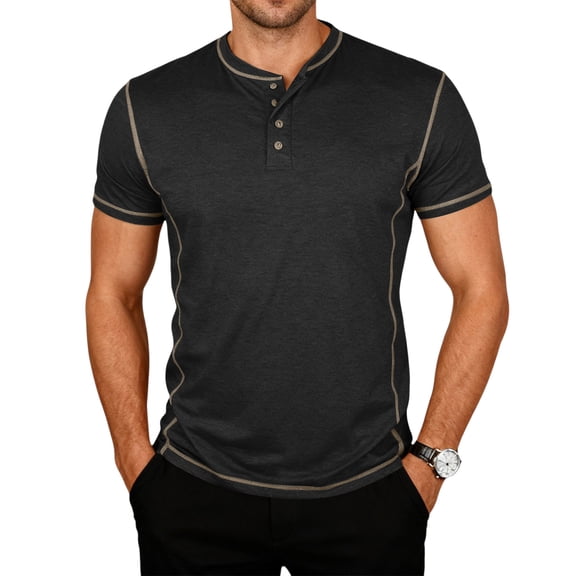 Lumtrix Mens Muscle Henley Shirts Lightweight Short Sleeve T-Shirt Casual Summer Athletic Tee with Button Black 2XL