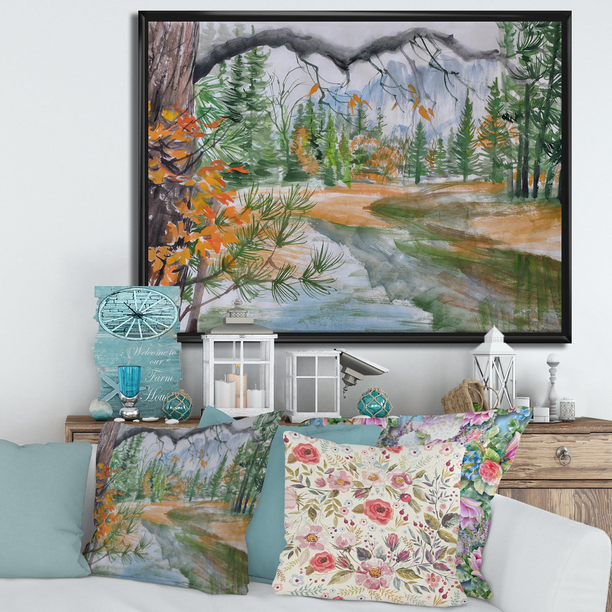 Designart 'Trees With River In Autumn Forest' Lake House Framed Canvas Wall Art Print