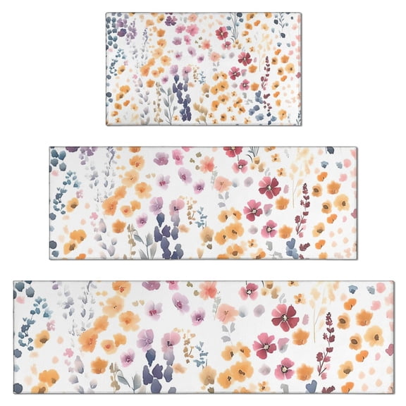 Pioneer Flower Floral Print Pattern Kitchen Rugs Sets Of 3,Kitchen Runner Rugs Non Skid Washable,Decorative Kitchen Floor Mats for Kitchen,Sink,Laundry,17"x30" 17"x47" 17"x59"