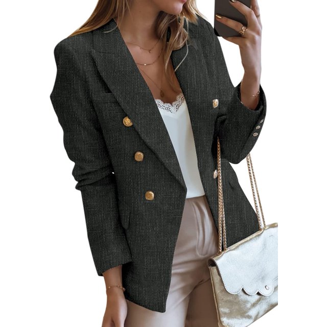 Womens Double Breasted Tweed Blazers Casual Long Sleeve Open Front Blazer Jackets Work Suits