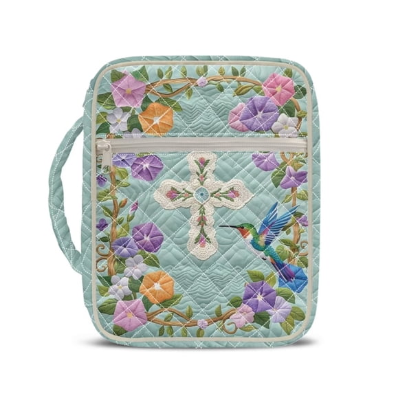 chaqlin Quilted Floral Bible Cover Flower Birds and Cross Bible Covers Book Carrying Case with Handle for Women,Lady,Mother Church Bag for Trip
