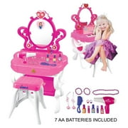 DIMPLECHILD Dimple 2-in-1 Princess Pretend Play Vanity Set Table with Working Piano Beauty Set for Girls with Toy Makeup Cosmetics Accessories, Hair Dryer, Keyboard, Flashing Lights and more