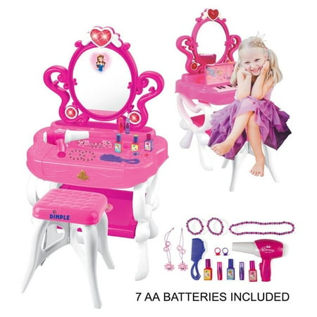 UPC: 0610370126554 | Dimple 2-in-1 Princess Pretend Play Vanity Set Table with Working Piano Beauty Set for Girls with Toy Makeup Cosmetics Accessories Hair Dryer Keyboard Flashing Lights and more