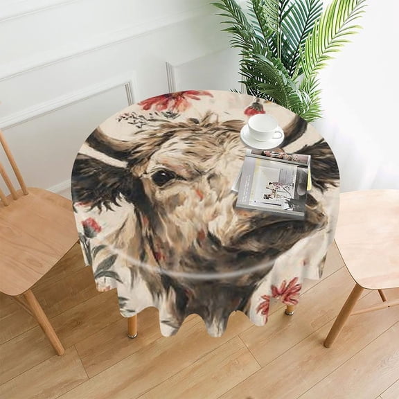RKSupls 60 Inch Round Tablecloth, Cow Flowers Pattern Premium Polyester Straight Edge Wrinkle Resistant Washable Table Cover for Party Home Dining Decor