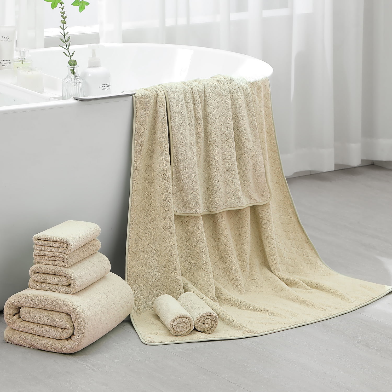 4 Pack Extra Large Bath Towels 35"x 70" Quick Dry Oversized Bath Towels Ultra Soft Microfiber Bath Sheets Highly Absorbent Bulk Towels Set for Bathroom Spa Hotel(Camel)