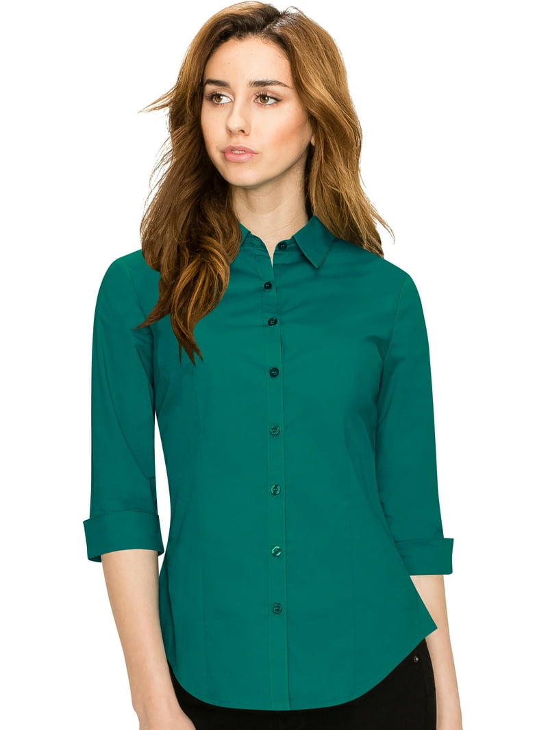 Made by Johnny Women's 3/4 Sleeve Tailored Button Down Shirts M Hunter_green, Size: Medium