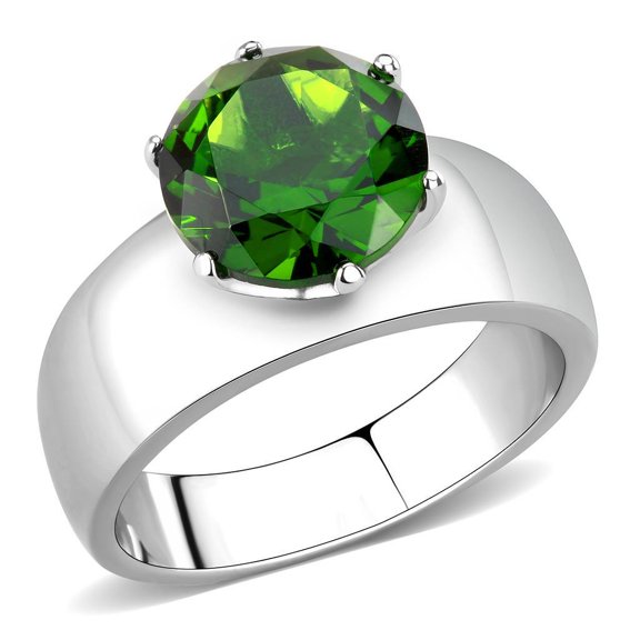 High polished (no plating) Stainless Steel Ring with Synthetic Synthetic Glass in Peridot for Women Peridot Stone Color Style TK52008 Size 10