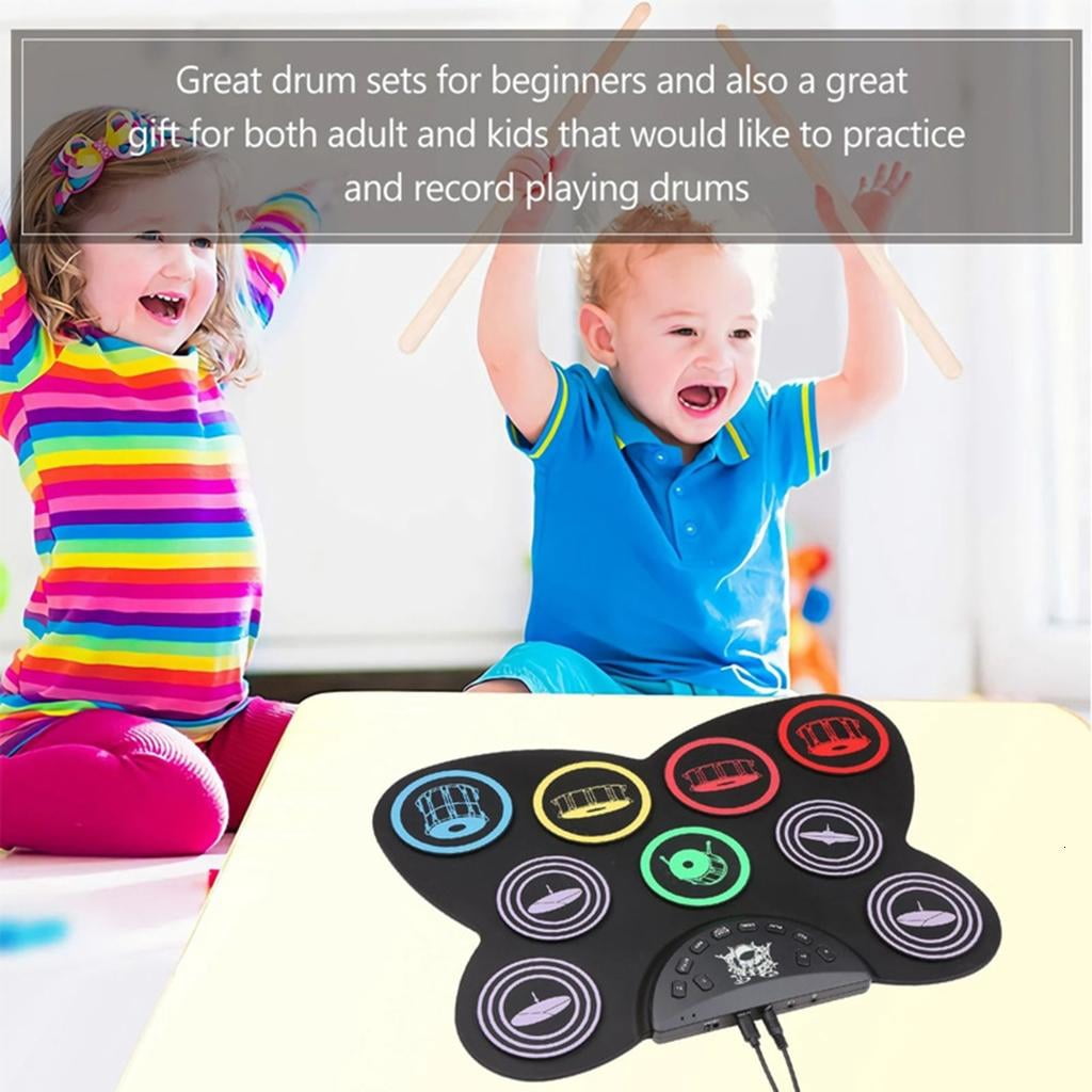 Yihuala Electric Drum Set, 9 Drums Practice Pad Electronic Drum Kits with Built in Speakers, Drum Sticks, Headphone Out