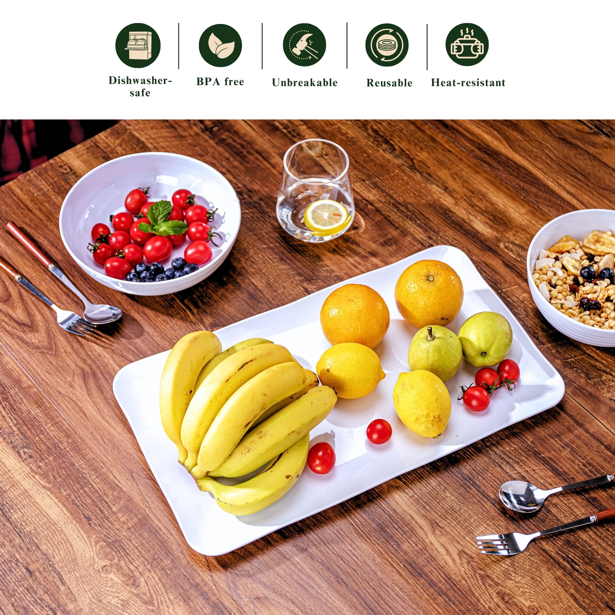 MIYOPESI 17-Inch Melamine Tray (Set of 2) - Unbreakable and Reusable Plastic Platters with Ceramic Feel, Stackable and Dishwasher-Safe - Versatile for All Meals