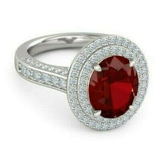 HeartsAndYou 4ct Oval Cut Natural Pink Ruby Moissanite Accent Halo Ring 14k SOLID White Gold