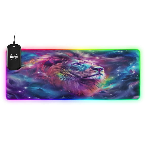 Wireless Charging Mouse Pad Large RGB Gaming Desk Mat 13 Light Modes Mousepad 31.5x11.8 Nebula Lion Head