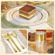 Daluvenix 350 Gold Plastic Dinnerware Set for 50 Guests, Gold Plastic Plates for Party, 50 Disposable Plates, 50 Dessert Plates, 50 Napkins with Silverware, 50 Cups