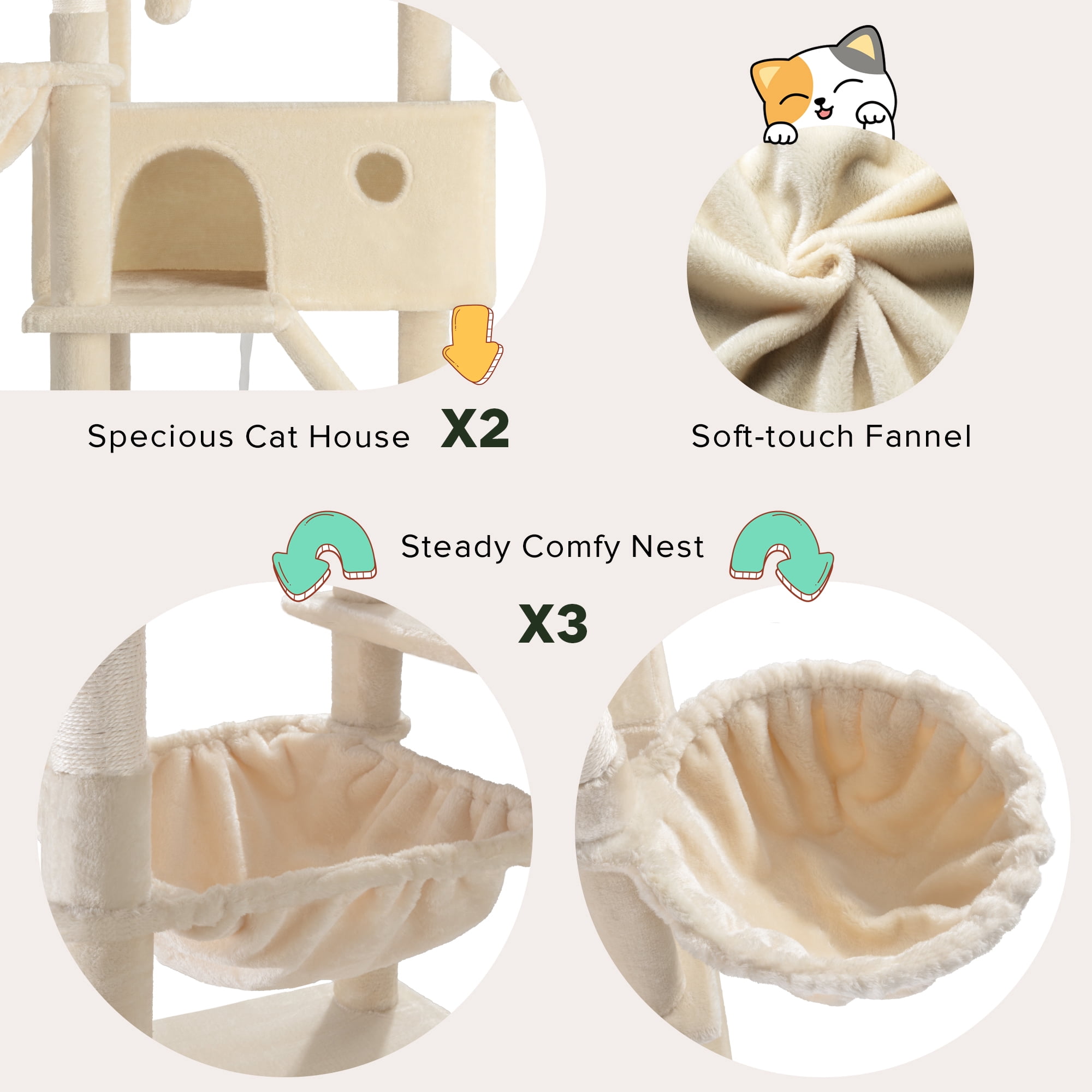 Einfach 81" Multi-Level Tall Cat Tree Tower, Larger Cat Condo with Hammock, Cozy Pussycat Perches, Sisal Scratching Posts, Beige