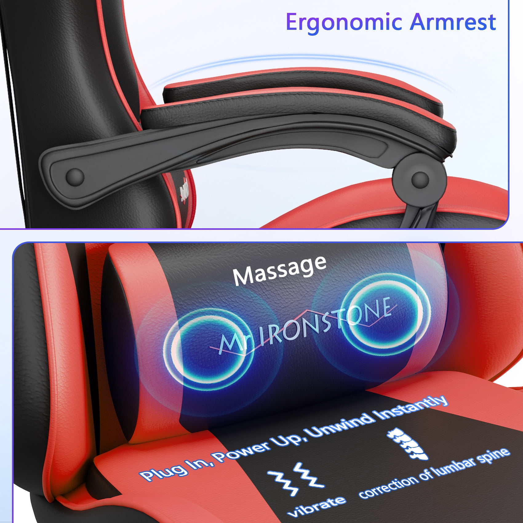 Mr IRONSTONE Ergonomic Gaming Chair with Massage Lumbar Support and Footrest, Heavy Duty 400lbs Computer Chair for Adults, Red/Black