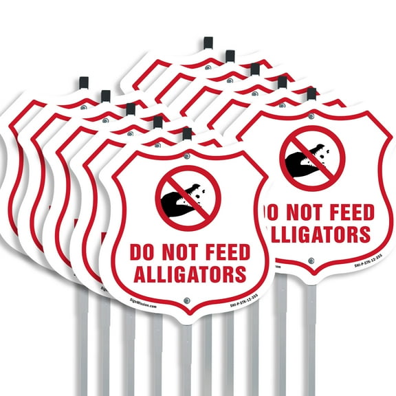 Alligator Warning Shield Sign Do Not Feed Alligators (10 Pack) 12 inch X 12 inch Shield Shaped Rust-Free Aluminum Metal Signs with Aluminum Mounting Stakes Weather Resistant for
