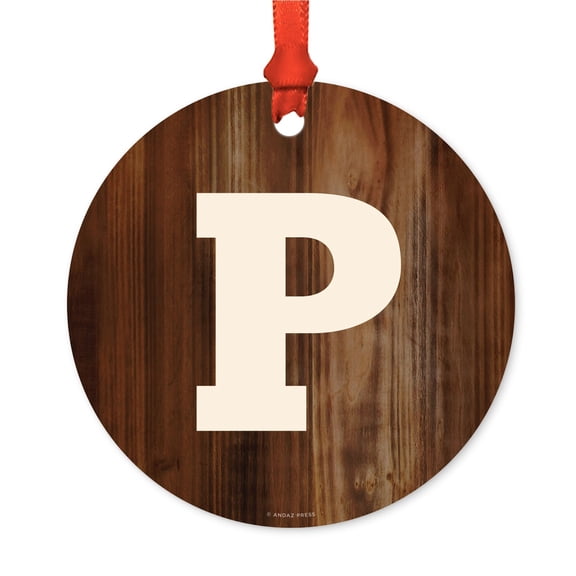 Metal Christmas Ornament, Monogram Letter P, Rustic Wood, Includes Ribbon and Gift Bag