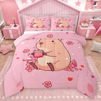 Homewish Lovely Animal Capybara Queen Comforter Set,Cute Cherry Blossom Bedding Sets,Brown Pink Bedding Comforter Set For Teens,Ultra Soft Home Decor Reversible,3-Piece