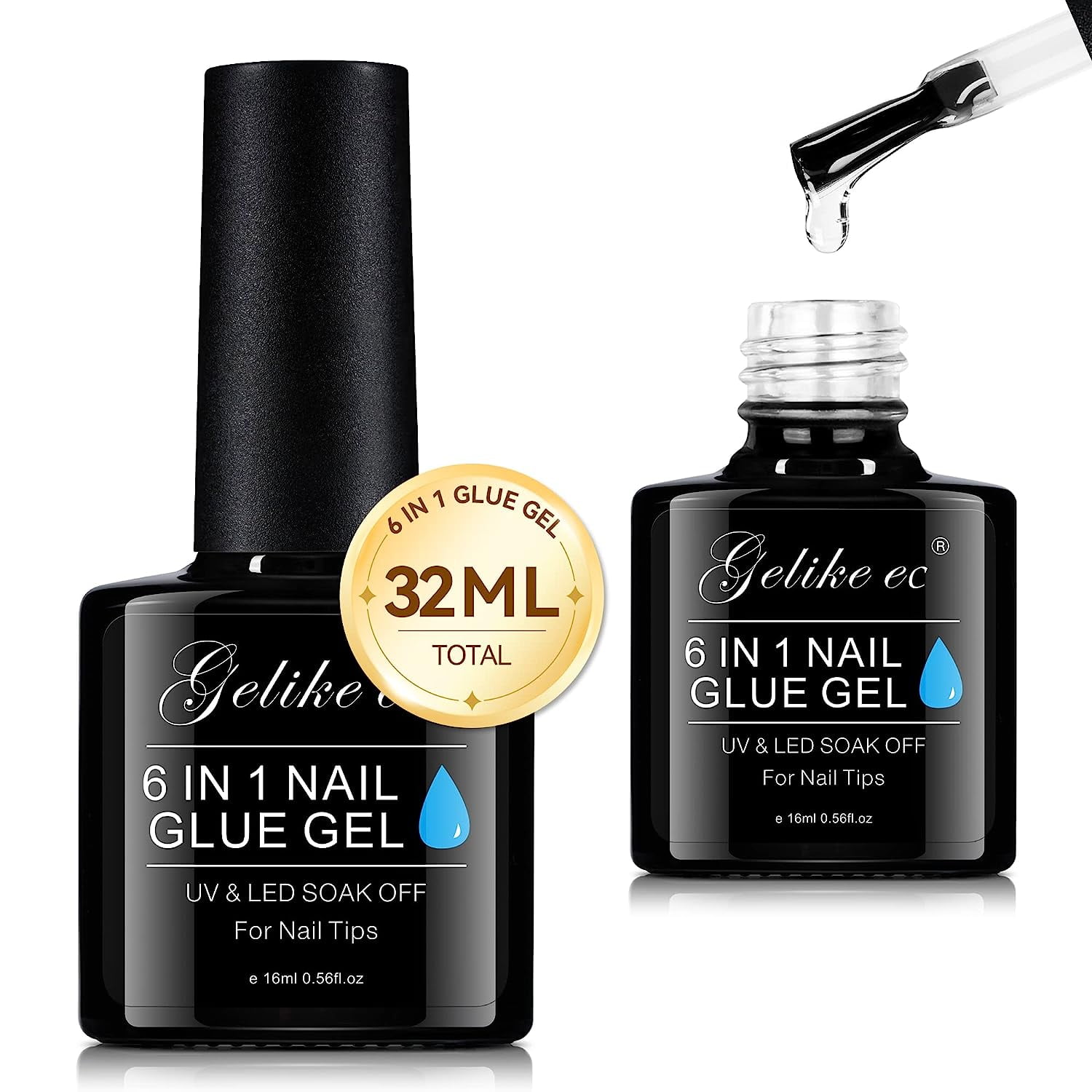 Gelike EC 2PCS 16ML 6 in 1 Nail Glue Gel for Clear Acrylic Nails Extra Strong, Long Lasting