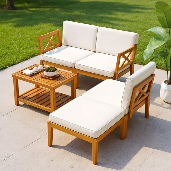 GVN Backyard Furniture Sets,Outdoor Furniture Sets,5 Pieces Acacia Wood Patio Furniture Set with 2-Tier Coffee Table and Cushions-White