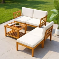 GVN Backyard Furniture Sets,Outdoor Furniture Sets,5 Pieces Acacia Wood Patio Furniture Set with 2-Tier Coffee Table and Cushions-White