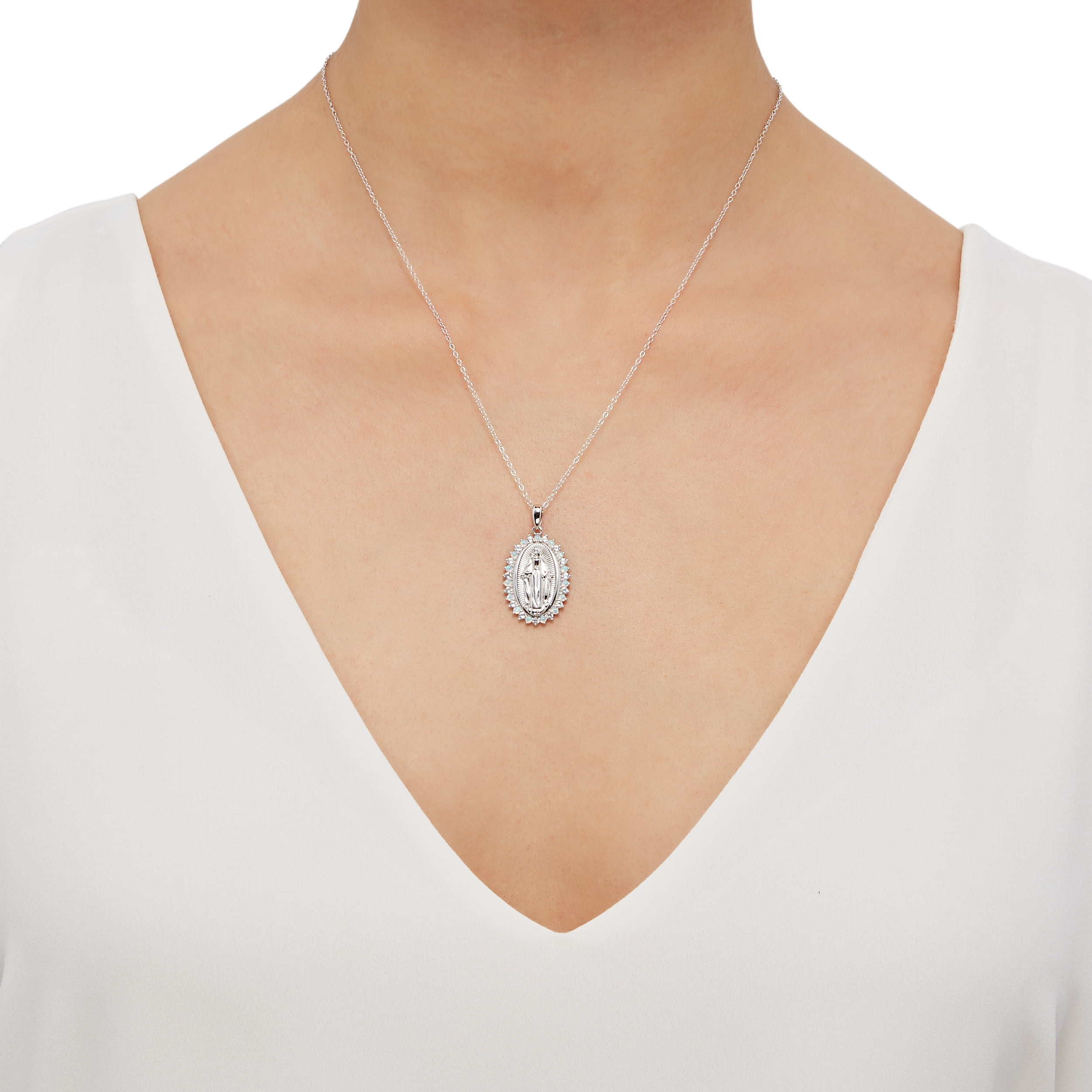 Brilliance Fine Jewelry Created Opal White Sapphire Oval Mary Pendant in Sterling Silver, 18"