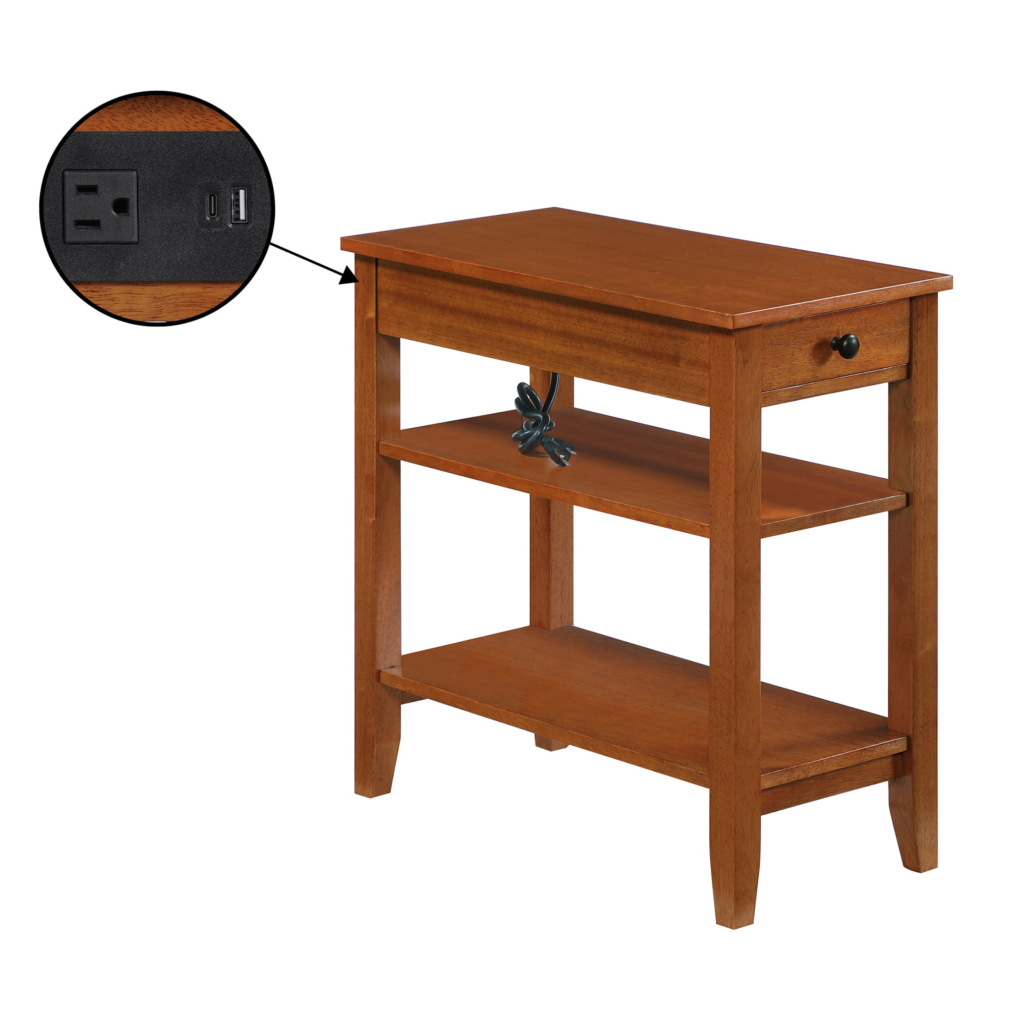 Convenience Concepts American Heritage 1 Drawer Chairside End Table with Charging Station and Shelves, Light Walnut