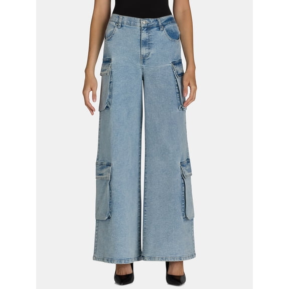 Madden NYC Women’s Wide Leg Cargo Jeans with Rhinestone Accents, 32” Inseam, Sizes XXS-XXL