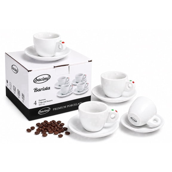 Bacimi Espresso Cups and Saucers Set of 4  3 oz Thick Porcelain Barista Style Cups, Classic Italian Design, Durable Coffee Cups for Espresso, Macchiato, Doppio  Dishwasher & Microwave Safe