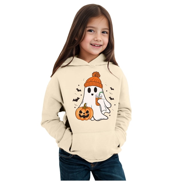 Chandail à Capuche Halloween pour Filles Manches Longues Chandail Imprimé Lettre Chaud Hauts Décontractés pour Enfants