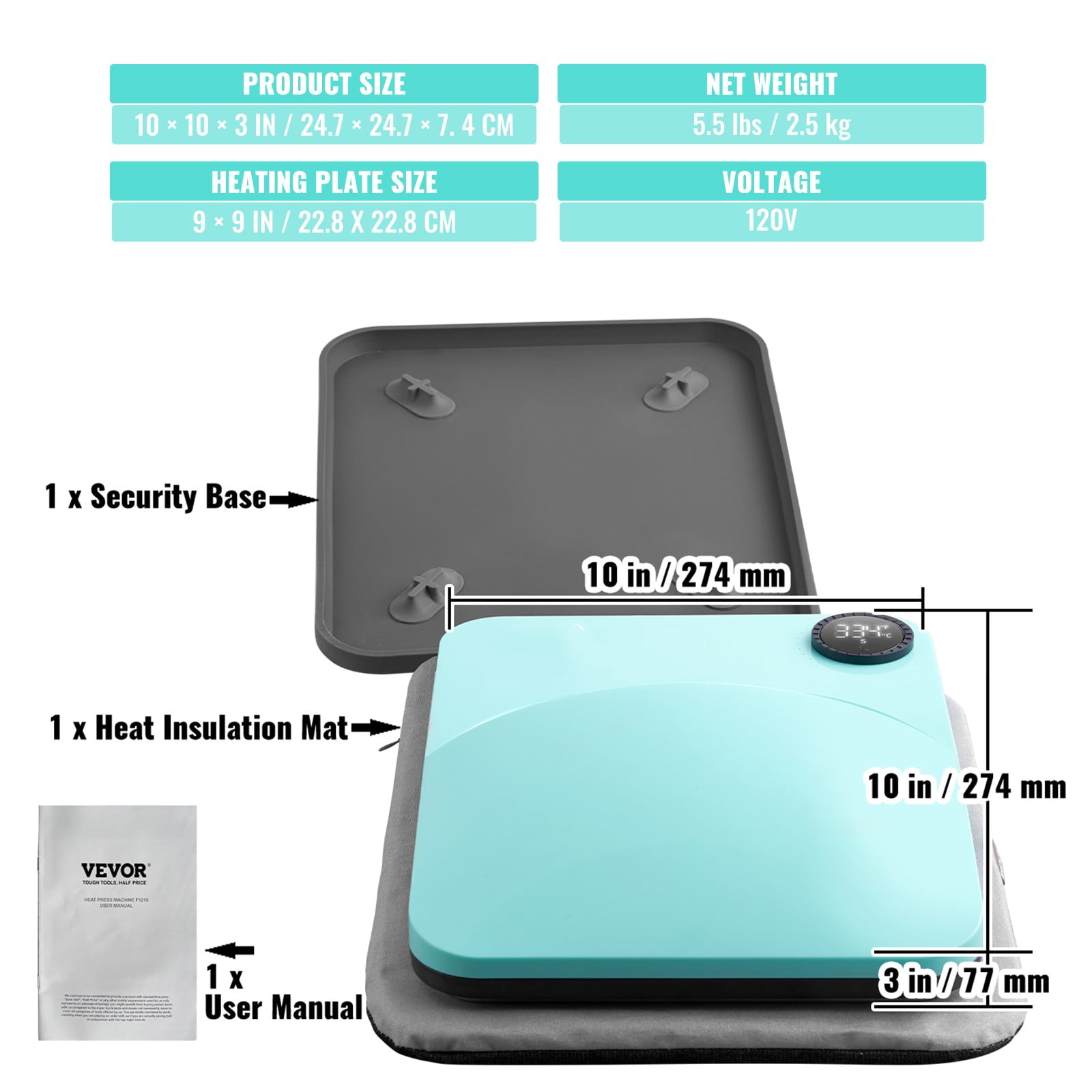 BENTISM Heat Press Machine 9" X 9", Portable Fast Heat-up Mini Easy Press with Timing Function & Insulated Base for Hat, Bags, Heating Transfer Projects, Green