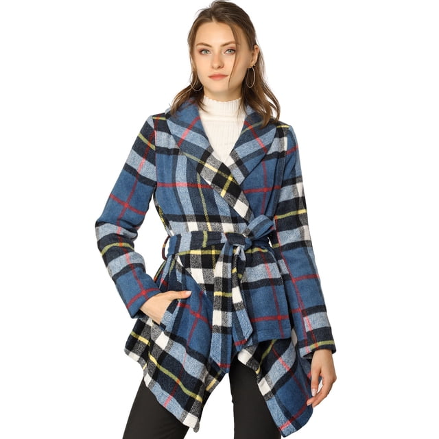 INSPIRE CHIC Women's Turn Down Collar Asymmetric Hem Plaids Short Open Front Coat