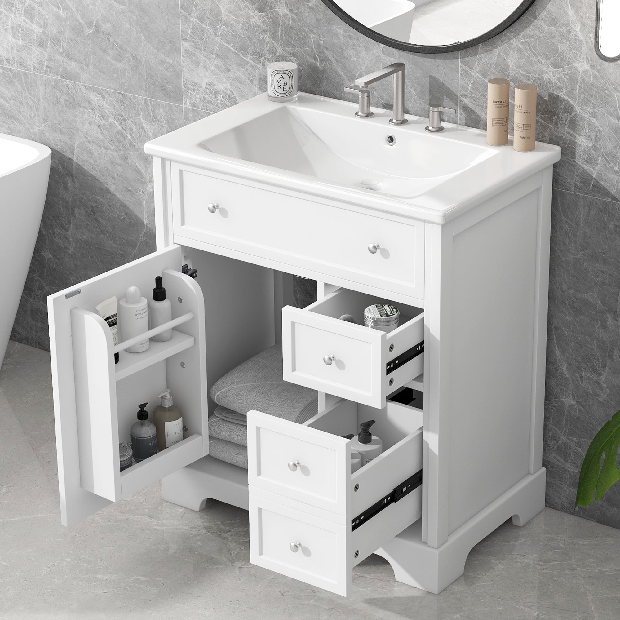 YIYADO 30 Inch Bathroom Vanity with Sink, Bathroom Vanity Cabinet with Door and Two Drawers, White